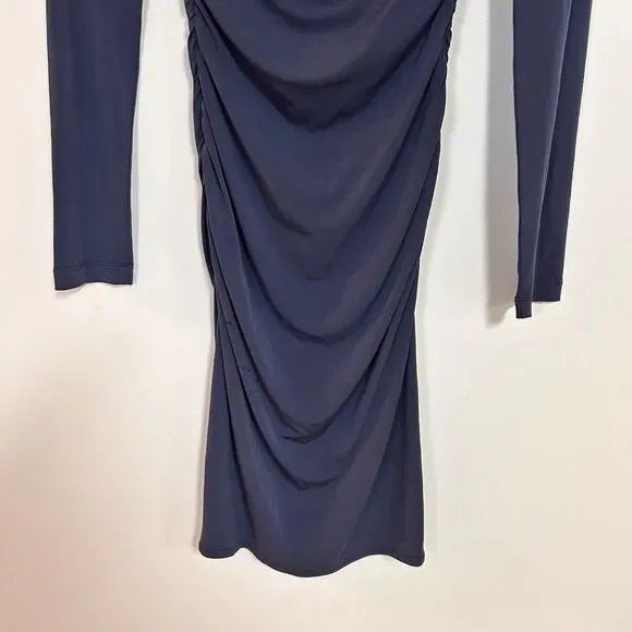 B Smart Navy Blue Cowl Neck Bodycon Dress Long Sleeve Ruched Small NWT - Picture 4 of 8